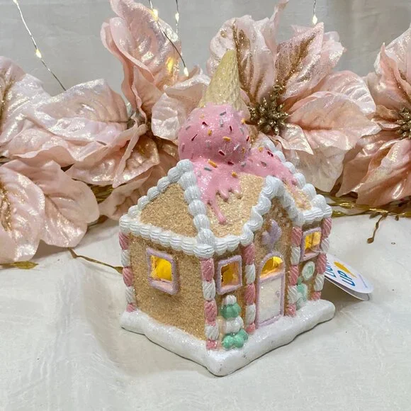 Pastel Holiday Christmas Gingerbread Ice Cream Shop Pink Led Light Up House - Picture 5 of 7